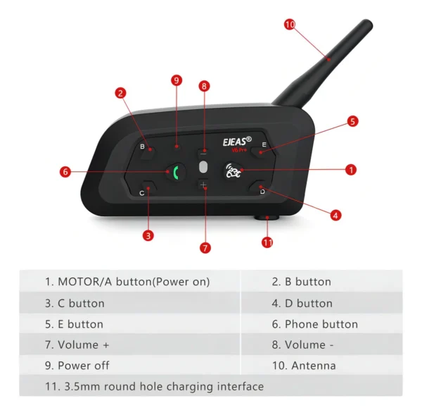 Intercomunicador Bluetooth Ejeas V6 Pro Para Casco | Comunicación Hasta 6 Pilotos e Impermeable
