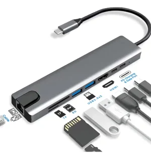 Hub Adaptador USB-C 8 En 1 En Aluminio Con HDMI 4K Y Puerto RJ45 Ethernet