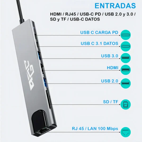 Hub Adaptador USB-C 8 En 1 En Aluminio Con HDMI 4K Y Puerto RJ45 Ethernet