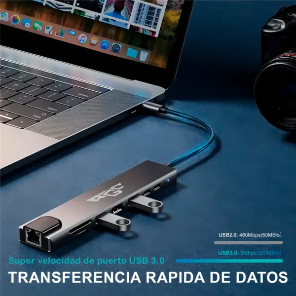 Hub Adaptador USB-C 8 En 1 En Aluminio Con HDMI 4K Y Puerto RJ45 Ethernet