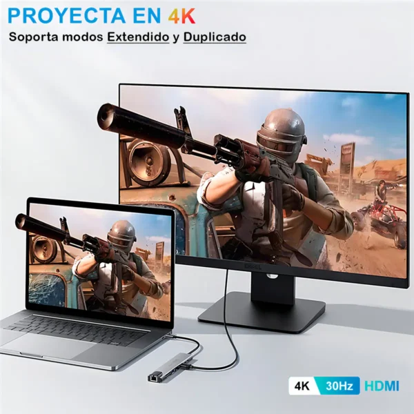 Hub Adaptador USB-C 8 En 1 En Aluminio Con HDMI 4K Y Puerto RJ45 Ethernet