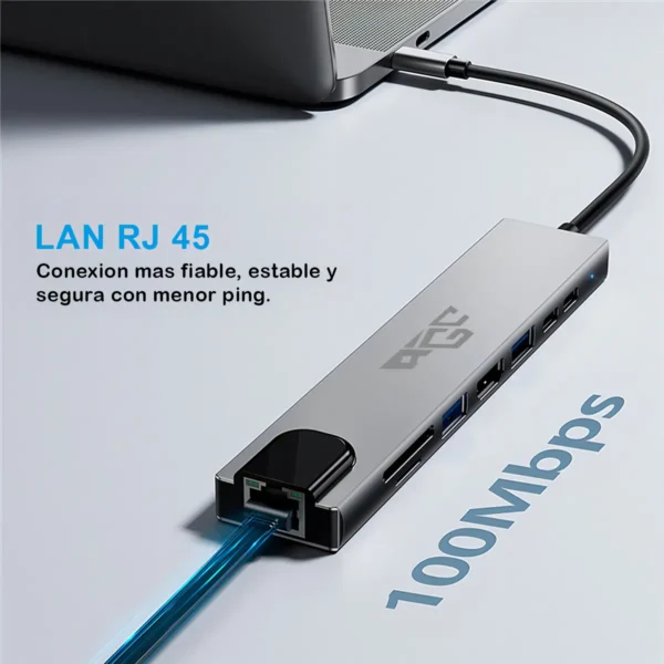 Hub Adaptador USB-C 8 En 1 En Aluminio Con HDMI 4K Y Puerto RJ45 Ethernet